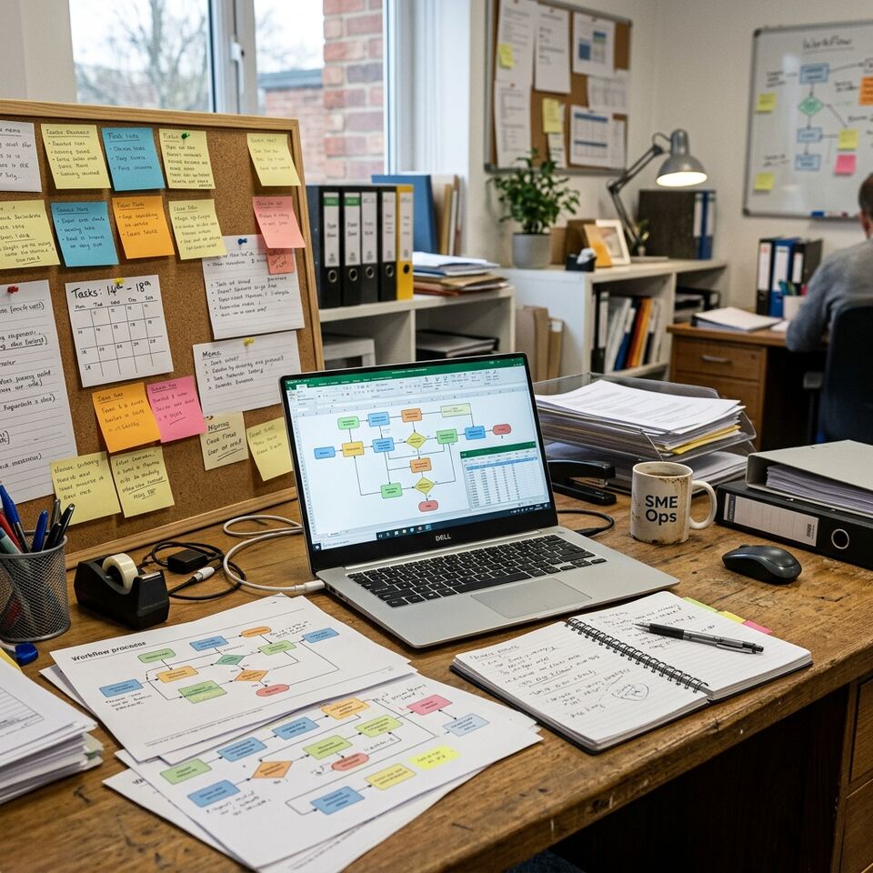 Practical SME operations desk with workflow notes and a laptop